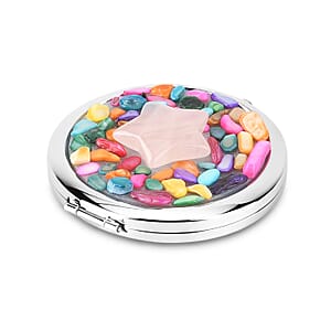 Livmore Pink Cosmetic Gemstone Mirror with Matching Rose Quartz Heart Necklace (20 Inches) in Silvertone