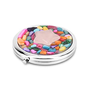 Livmore Pink Cosmetic Gemstone Mirror with Matching Rose Quartz Heart Necklace (20 Inches) in Silvertone