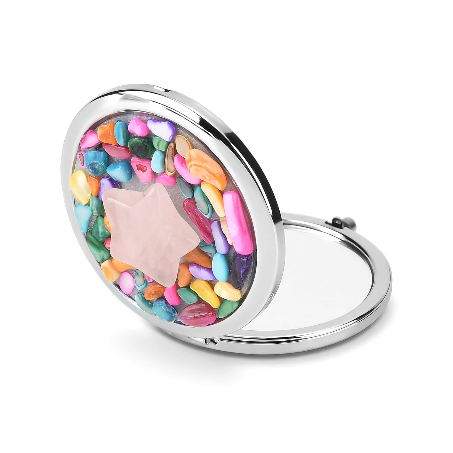 Livmore Pink Cosmetic Gemstone Mirror with Matching Rose Quartz Heart Necklace (20 Inches) in Silvertone