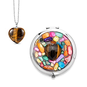 Livmore Brown Cosmetic Gemstone Mirror with Matching Tigers Eye Heart Necklace (20 Inches) in Silvertone