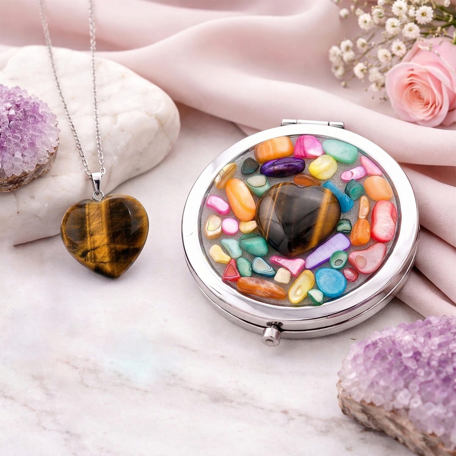 Livmore Brown Cosmetic Gemstone Mirror with Matching Tigers Eye Heart Necklace (20 Inches) in Silvertone