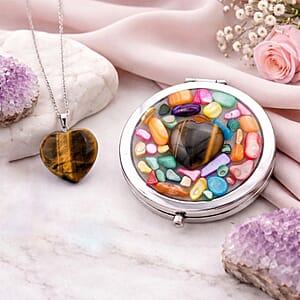 Livmore Brown Cosmetic Gemstone Mirror with Matching Tigers Eye Heart Necklace (20 Inches) in Silvertone