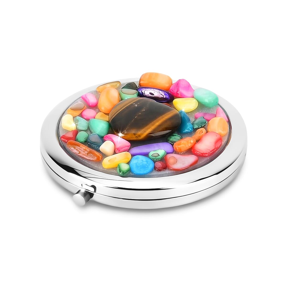 Livmore Brown Cosmetic Gemstone Mirror with Matching Tigers Eye Heart Necklace (20 Inches) in Silvertone image number 2