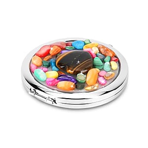 Livmore Brown Cosmetic Gemstone Mirror with Matching Tigers Eye Heart Necklace (20 Inches) in Silvertone
