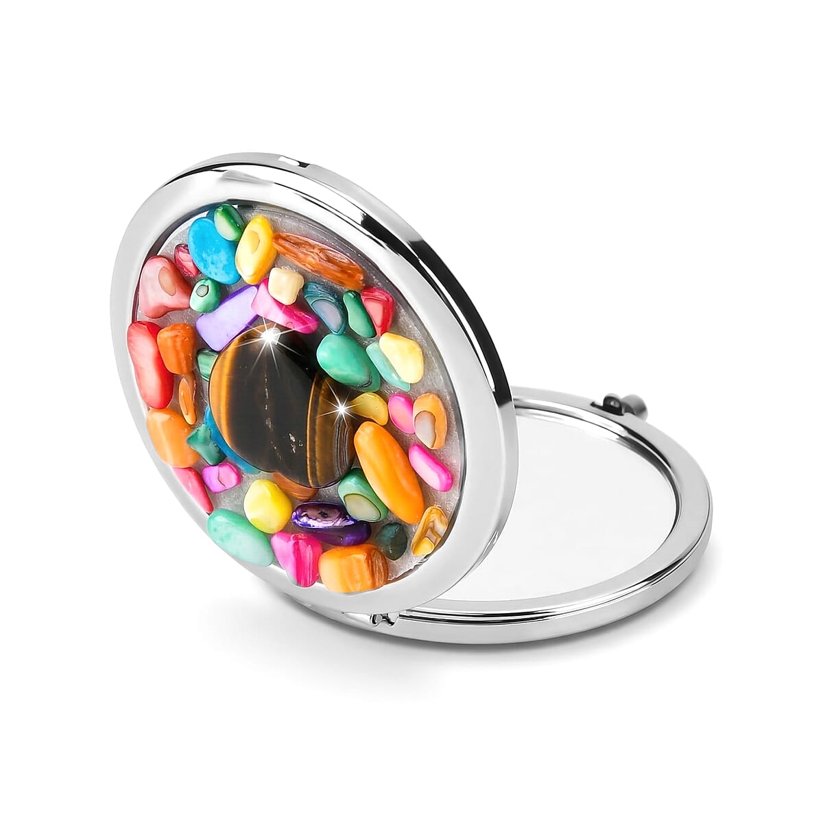 Livmore Brown Cosmetic Gemstone Mirror with Matching Tigers Eye Heart Necklace (20 Inches) in Silvertone image number 5