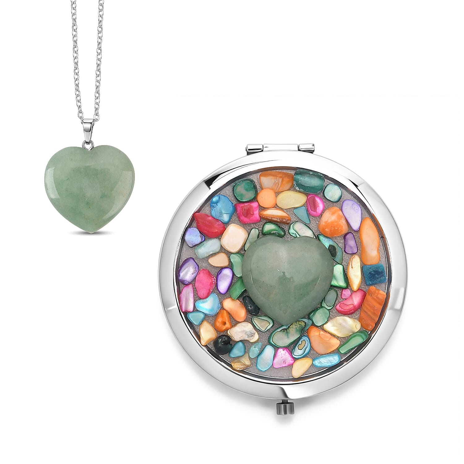 Livmore Green Cosmetic Gemstone Mirror with Matching Green Aventurine Heart Necklace (20 Inches) in Silvertone