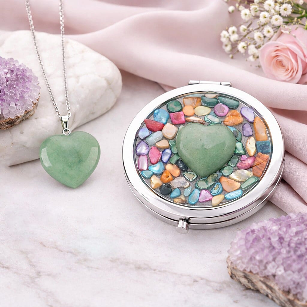 Livmore Green Cosmetic Gemstone Mirror with Matching Green Aventurine Heart Necklace (20 Inches) in Silvertone