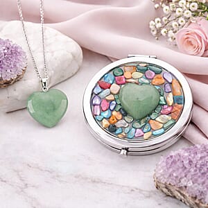 Livmore Green Cosmetic Gemstone Mirror with Matching Green Aventurine Heart Necklace (20 Inches) in Silvertone