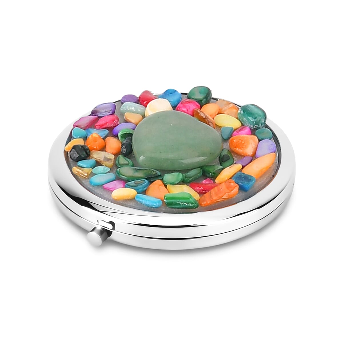 Livmore Green Cosmetic Gemstone Mirror with Matching Green Aventurine Heart Necklace (20 Inches) in Silvertone image number 2