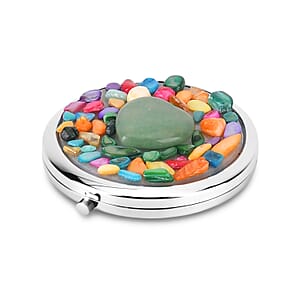 Livmore Green Cosmetic Gemstone Mirror with Matching Green Aventurine Heart Necklace (20 Inches) in Silvertone