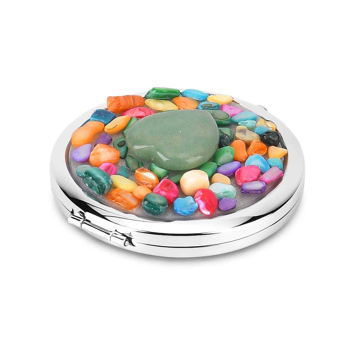 Livmore Green Cosmetic Gemstone Mirror with Matching Green Aventurine Heart Necklace (20 Inches) in Silvertone image number 3