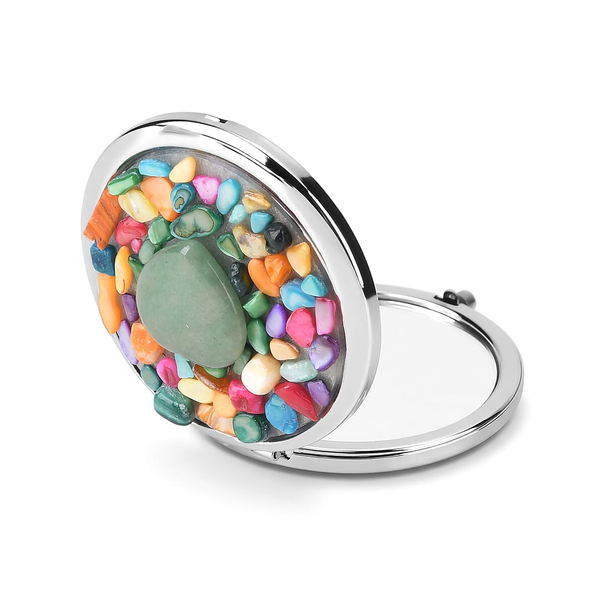 Livmore Green Cosmetic Gemstone Mirror with Matching Green Aventurine Heart Necklace (20 Inches) in Silvertone image number 5