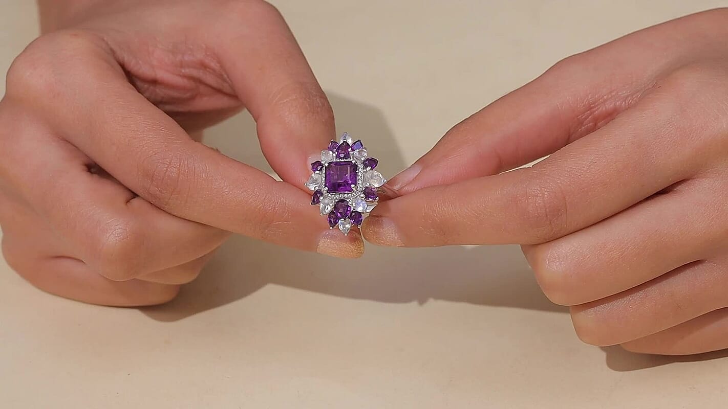 Premium Lusaka Amethyst, Multi Gemstone Petal Frame Ring in Rhodium Over Sterling Silver (Size 10.0) 6.10 ctw