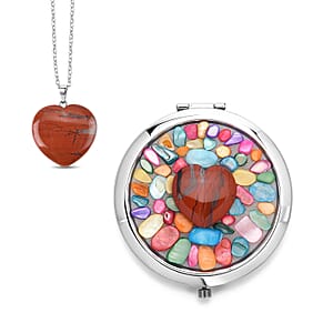 Livmore Red Cosmetic Gemstone Mirror with Matching Red Jasper Heart Necklace (20 Inches) in Silvertone