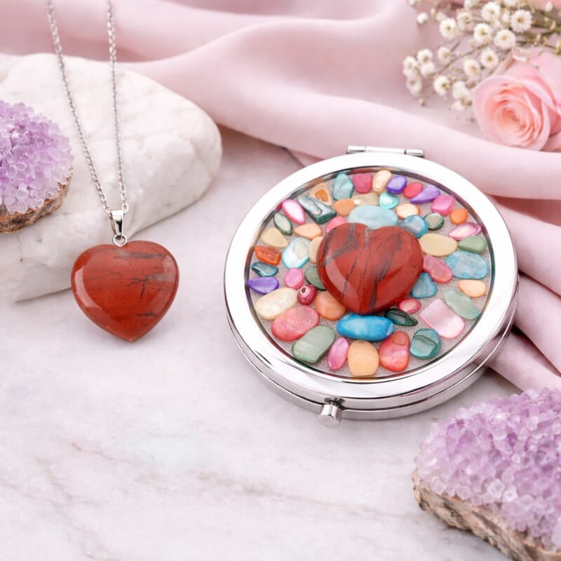 Livmore Red Cosmetic Gemstone Mirror with Matching Red Jasper Heart Necklace (20 Inches) in Silvertone