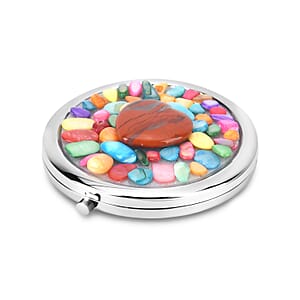 Livmore Red Cosmetic Gemstone Mirror with Matching Red Jasper Heart Necklace (20 Inches) in Silvertone