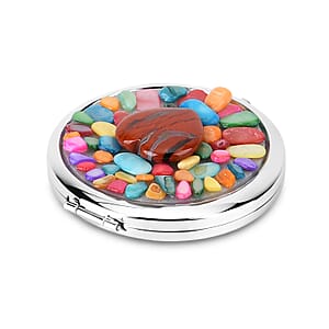 Livmore Red Cosmetic Gemstone Mirror with Matching Red Jasper Heart Necklace (20 Inches) in Silvertone