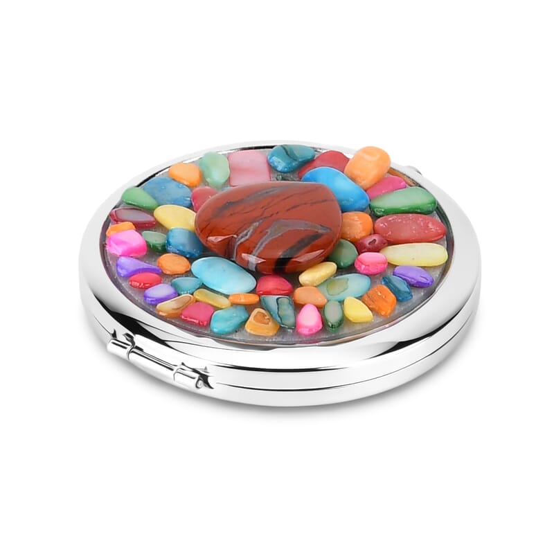 Livmore Red Cosmetic Gemstone Mirror with Matching Red Jasper Heart Necklace (20 Inches) in Silvertone