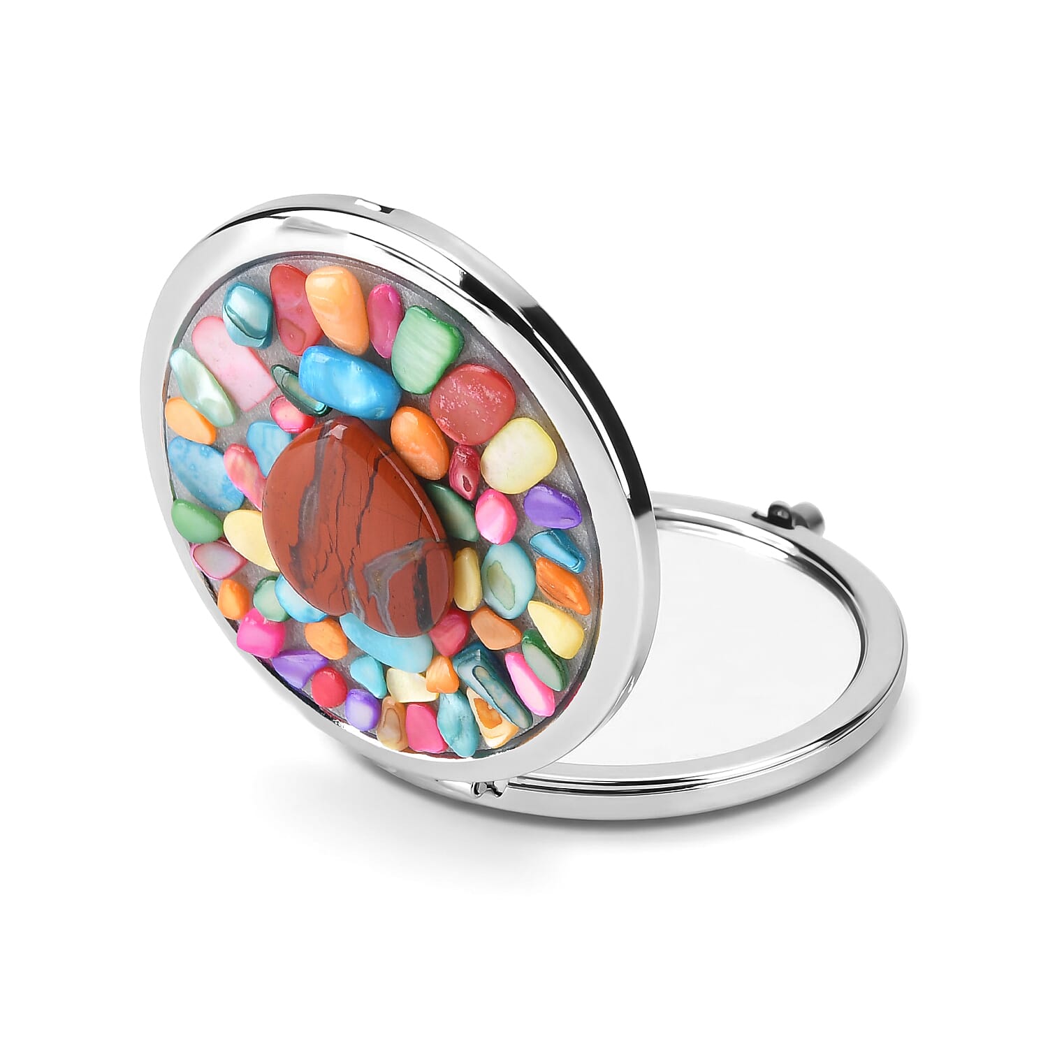 Livmore Red Cosmetic Gemstone Mirror with Matching Red Jasper Heart Necklace (20 Inches) in Silvertone