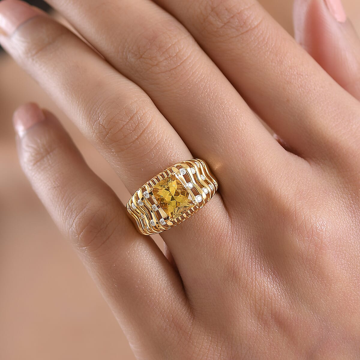 D'Joy Premium Golden Apatite and Moissanite 2.50 ctw Solar Crest Ring in 18K Vermeil Yellow Gold Over Sterling Silver (Size 6.0) image number 2