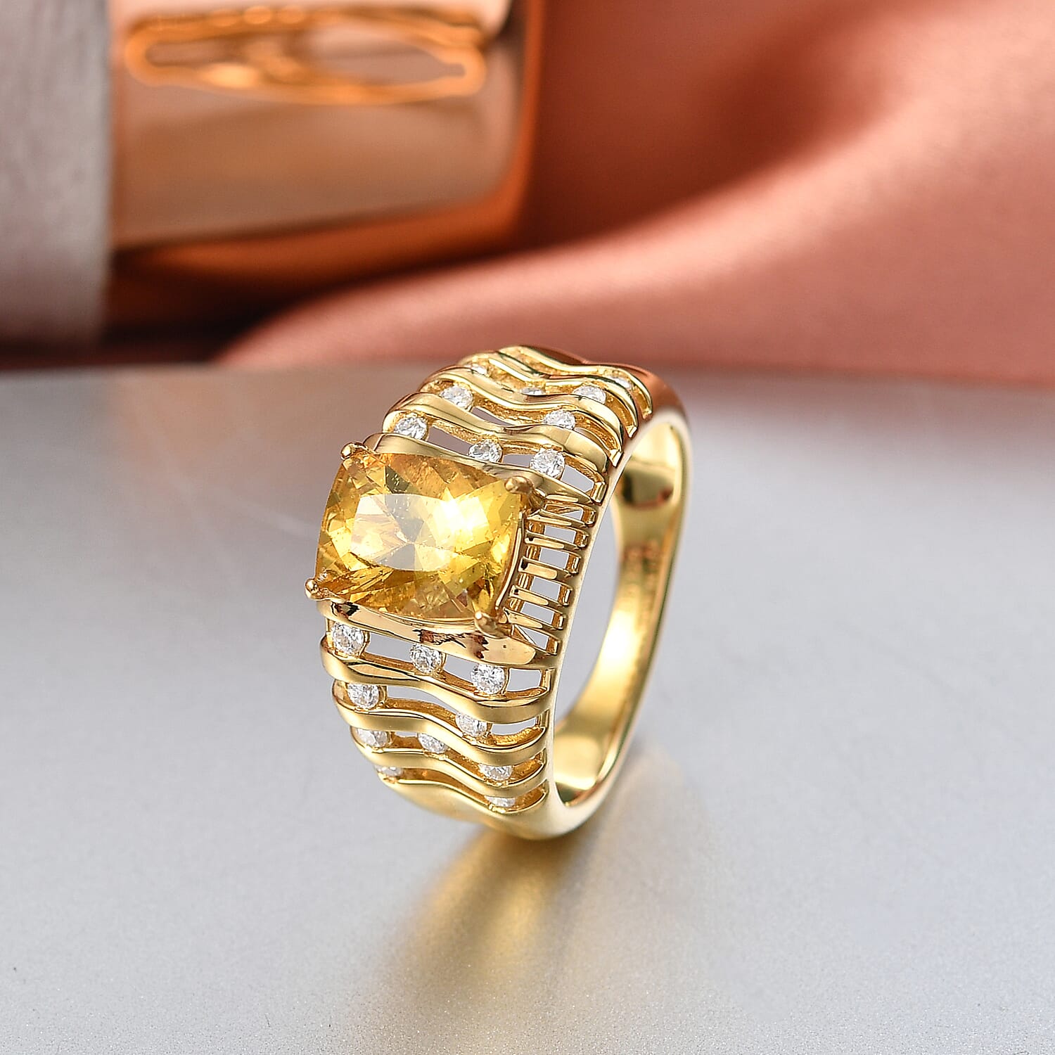 D'Joy Premium Golden Apatite, Moissanite Ring in 18K Vermeil YG Over Sterling Silver (Size 10.0) 2.50 ctw