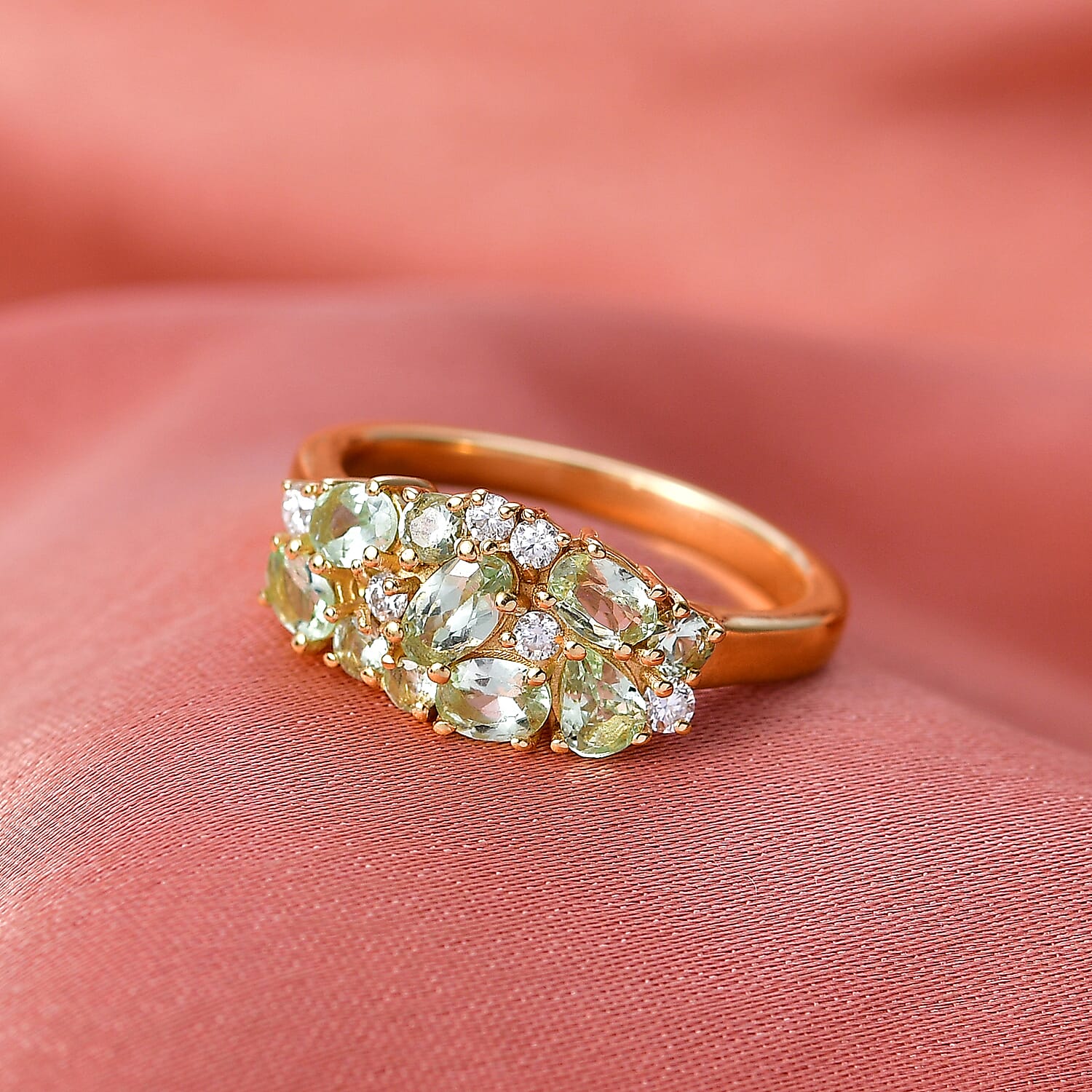 D'Joy Premium Tanzanian Mint Garnet and Moissanite 1.70 ctw Nature Cluster Ring in 18K Vermeil Yellow Gold Over Sterling Silver (Size 10.0)