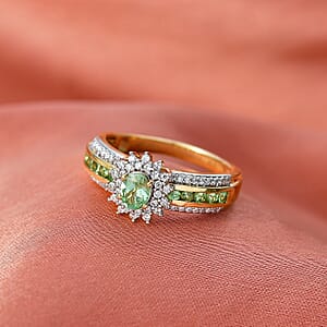 D'Joy Premium Tanzanian Mint Garnet and Moissanite 1.10 ctw Bloom Halo Ring in 18K Vermeil Yellow Gold Over Sterling Silver (Size 10.0)