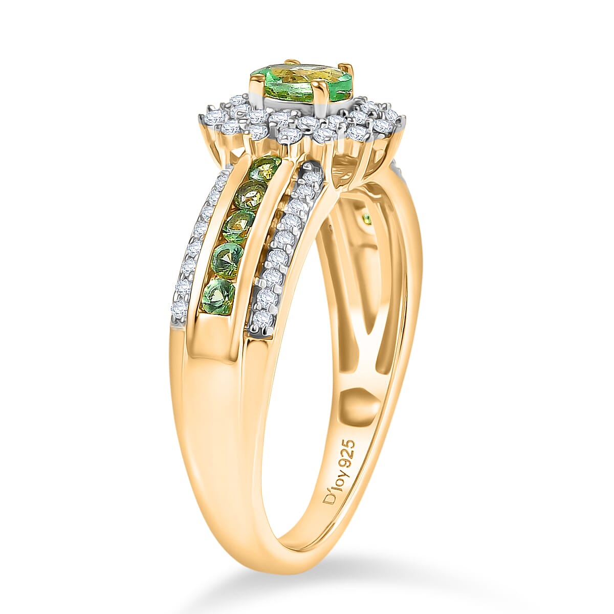 D'Joy Premium Tanzanian Mint Garnet and Moissanite 1.10 ctw Bloom Halo Ring in 18K Vermeil Yellow Gold Over Sterling Silver (Size 10.0) image number 3