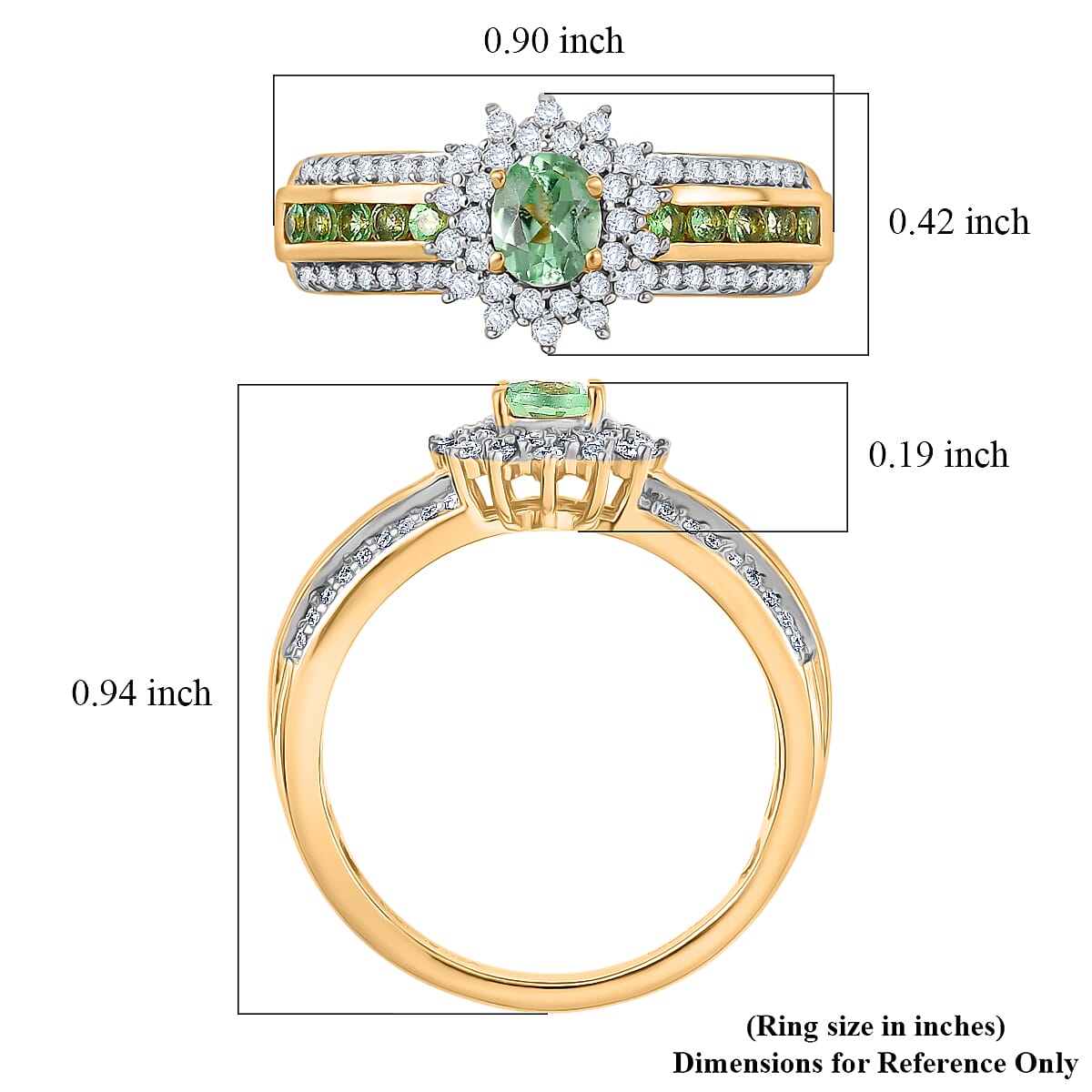 D'Joy Premium Tanzanian Mint Garnet and Moissanite 1.10 ctw Bloom Halo Ring in 18K Vermeil Yellow Gold Over Sterling Silver (Size 10.0) image number 5