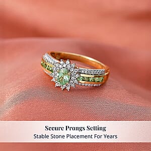 D'Joy Premium Tanzanian Mint Garnet and Moissanite 1.10 ctw Bloom Halo Ring in 18K Vermeil Yellow Gold Over Sterling Silver (Size 5.0)