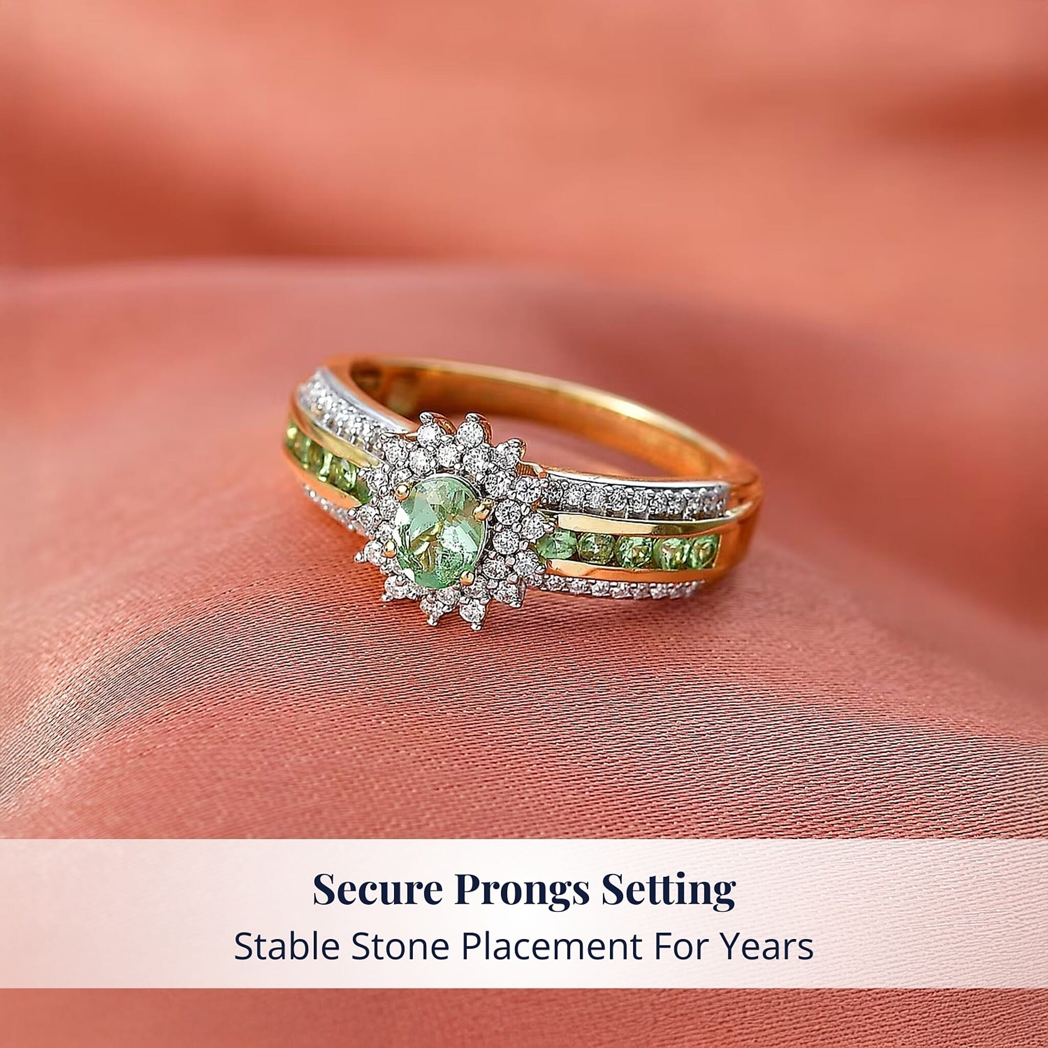 D'Joy Premium Tanzanian Mint Garnet and Moissanite 1.10 ctw Bloom Halo Ring in 18K Vermeil Yellow Gold Over Sterling Silver (Size 6.0)