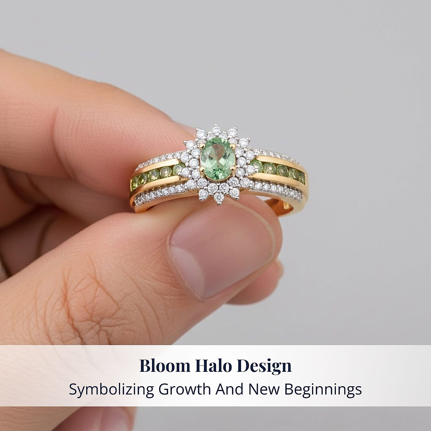 D'Joy Premium Tanzanian Mint Garnet and Moissanite 1.10 ctw Bloom Halo Ring in 18K Vermeil Yellow Gold Over Sterling Silver (Size 6.0)