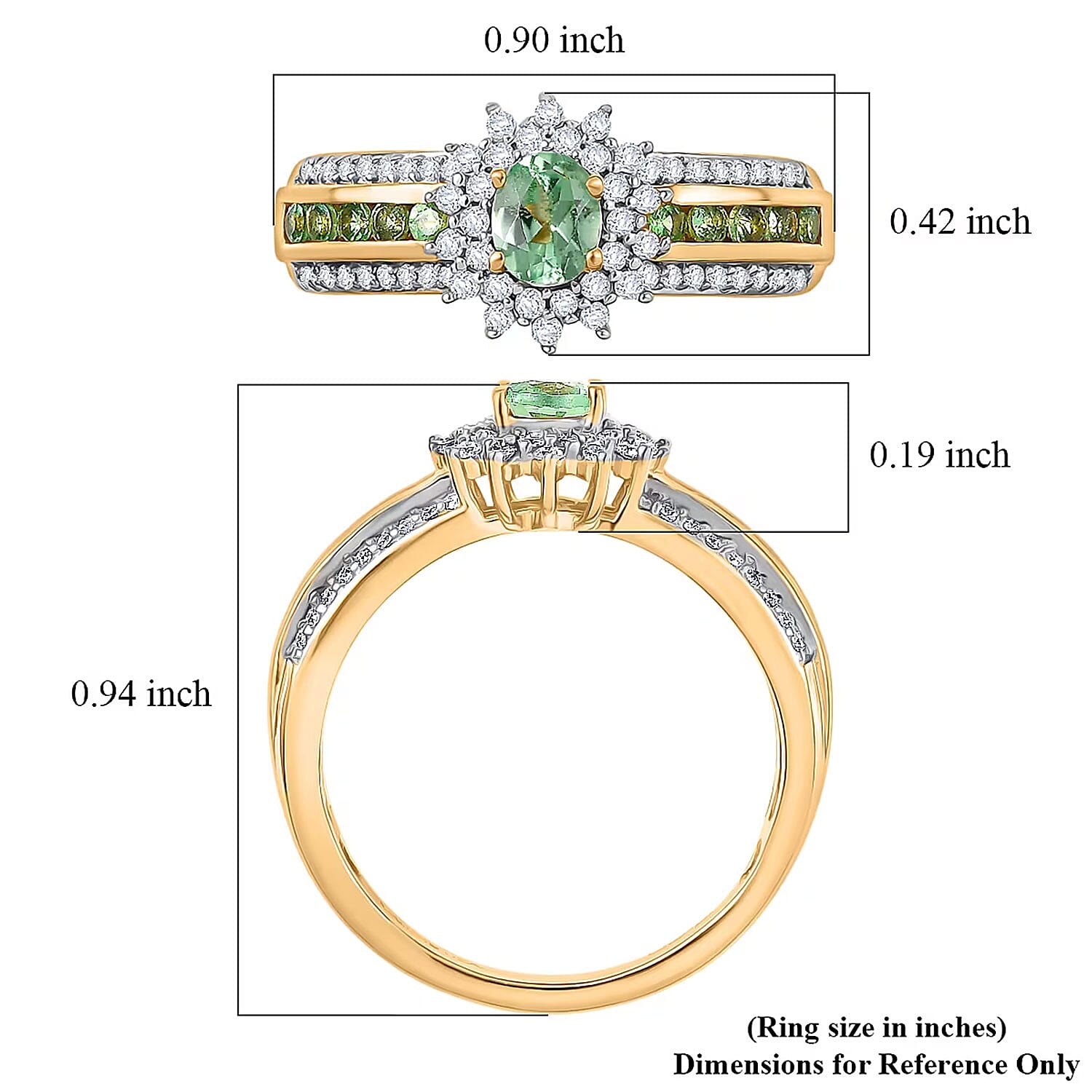 D'Joy Premium Tanzanian Mint Garnet and Moissanite 1.10 ctw Bloom Halo Ring in 18K Vermeil Yellow Gold Over Sterling Silver (Size 6.0)