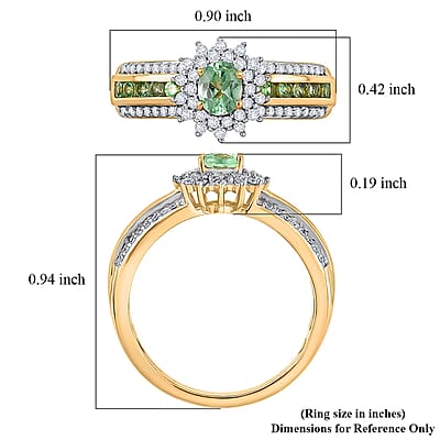 D'Joy Premium Tanzanian Mint Garnet and Moissanite 1.10 ctw Bloom Halo Ring in 18K Vermeil Yellow Gold Over Sterling Silver (Size 6.0)