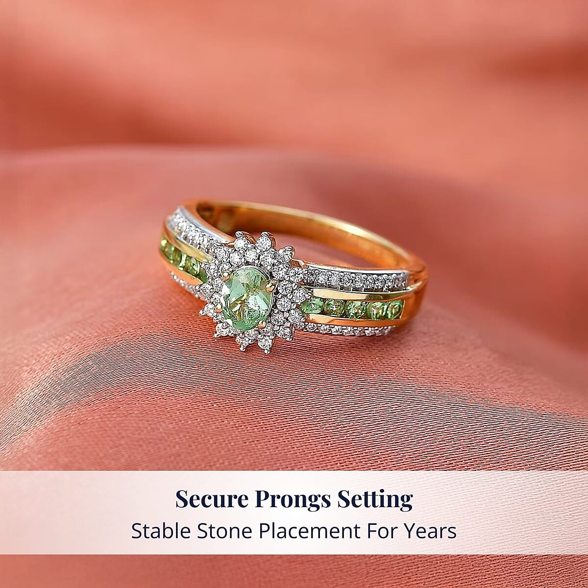 D'Joy Premium Tanzanian Mint Garnet and Moissanite 1.10 ctw Bloom Halo Ring in 18K Vermeil Yellow Gold Over Sterling Silver (Size 8.0) image number 3