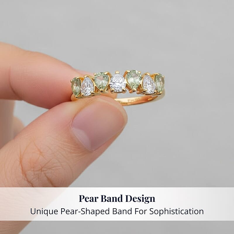 D'Joy Premium Tanzanian Mint Garnet and Moissanite 1.10 ctw Pear Band Ring in 18K Vermeil Yellow Gold Over Sterling Silver (Size 7.0)