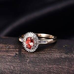 Luxoro Padparadscha Sapphire, Diamond Sunburst Ring in 10K Yellow Gold 0.90 ctw (Size 7.5)