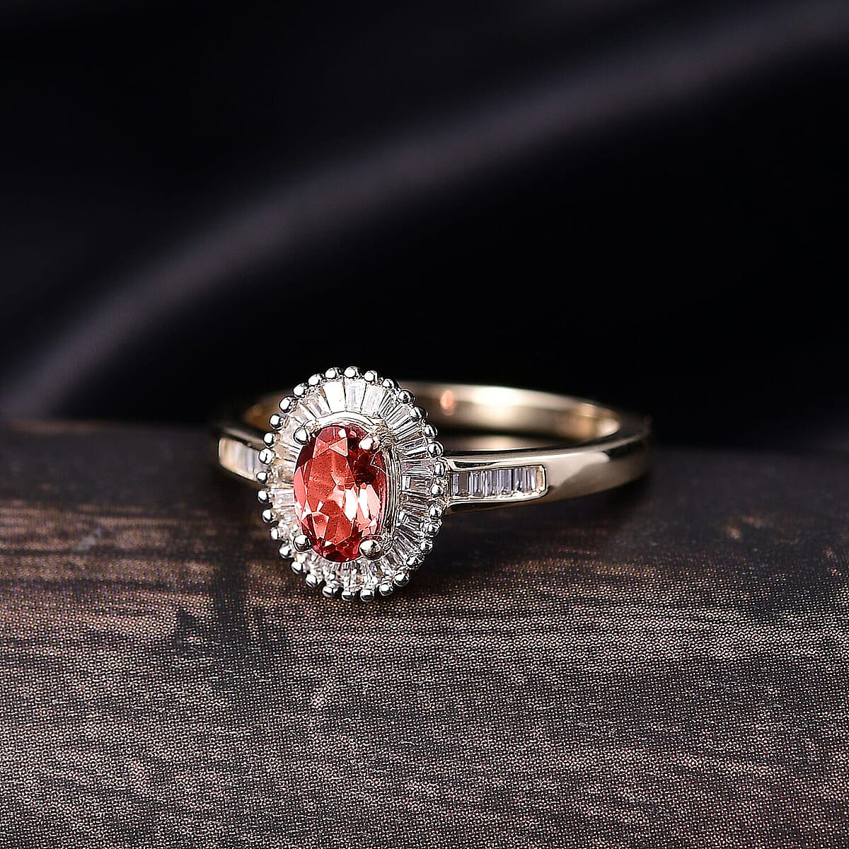 Luxoro Padparadscha Sapphire, Diamond Sunburst Ring in 10K Yellow Gold 0.90 ctw (Size 9.5) image number 1