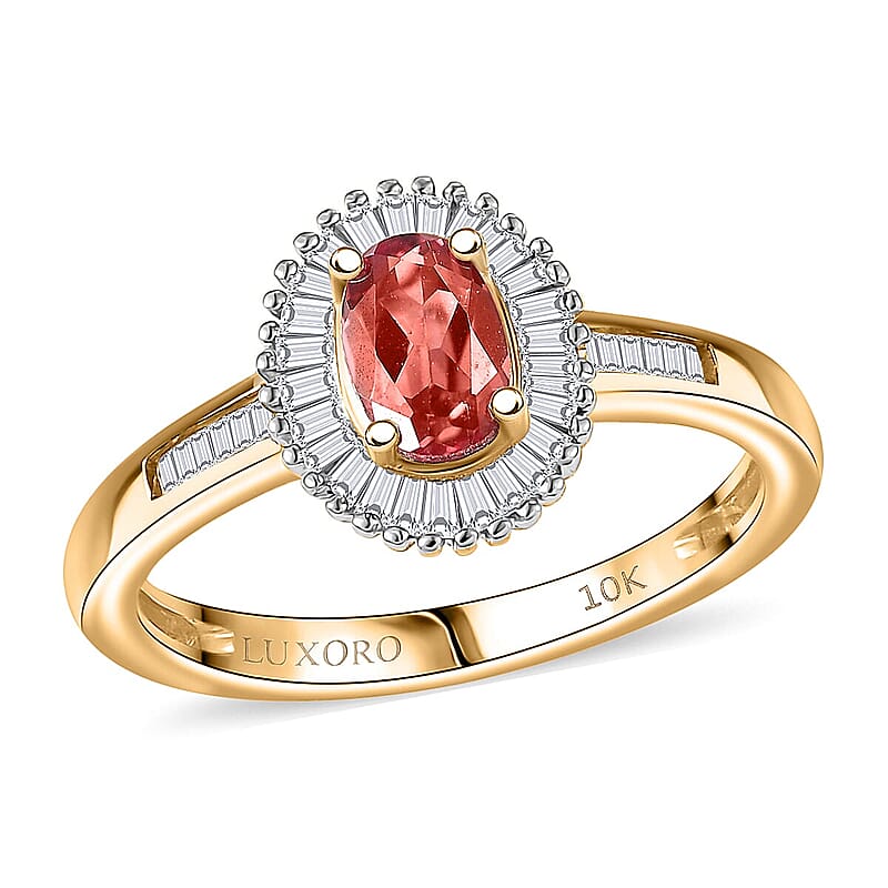 Luxoro Padparadscha Sapphire, Diamond Sunburst Ring in 10K Yellow Gold 0.90 ctw (Size 10.0)