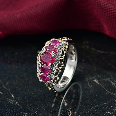 D'Joy AAA African Ruby and White Zircon 2.25 ctw Ring in 18K YG Plated and Rhodium Over Sterling Silver (Size 7.0)