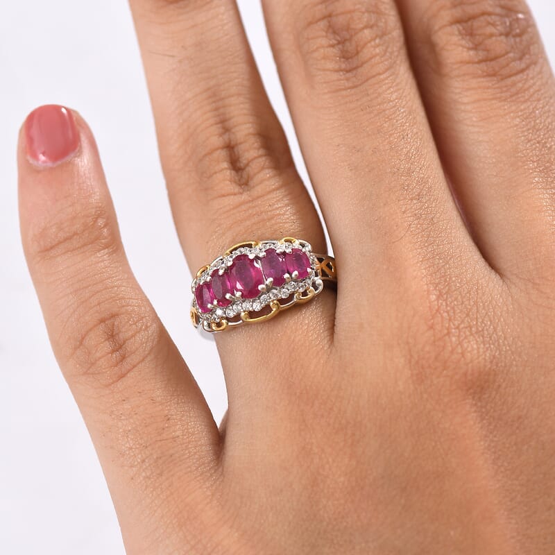 D'Joy AAA African Ruby and White Zircon 2.25 ctw Ring in 18K YG Plated and Rhodium Over Sterling Silver (Size 7.0)
