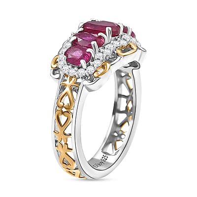 D'Joy AAA African Ruby and White Zircon 2.25 ctw Ring in 18K YG Plated and Rhodium Over Sterling Silver (Size 7.0)