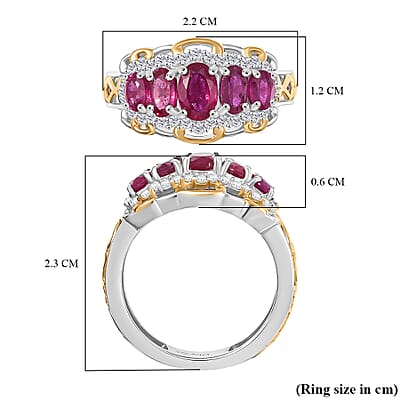 D'Joy AAA African Ruby and White Zircon 2.25 ctw Ring in 18K YG Plated and Rhodium Over Sterling Silver (Size 7.0)