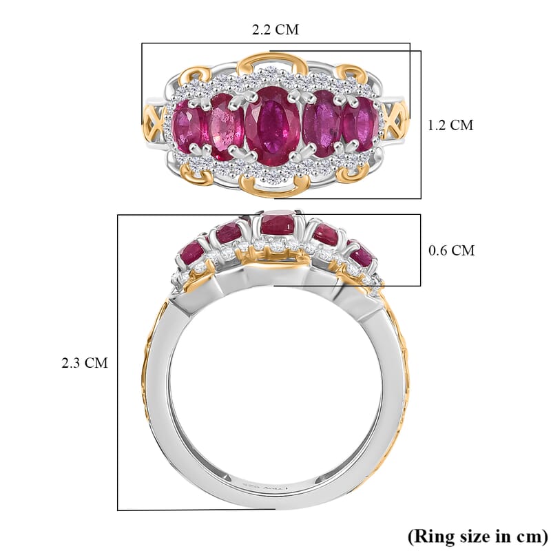 D'Joy AAA African Ruby and White Zircon 2.25 ctw Ring in 18K YG Plated and Rhodium Over Sterling Silver (Size 7.0)