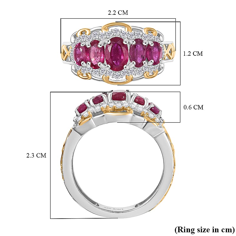 D'Joy AAA African Ruby and White Zircon 2.25 ctw Ring in 18K YG Plated and Rhodium Over Sterling Silver (Size 7.0)