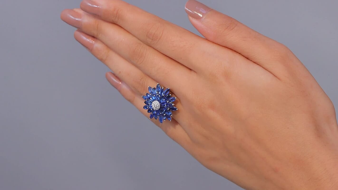 D'Joy Premium Kashmir Kyanite, White Zircon Ring in Rhodium Over Sterling Silver (Size 10.0) 7.35 ctw