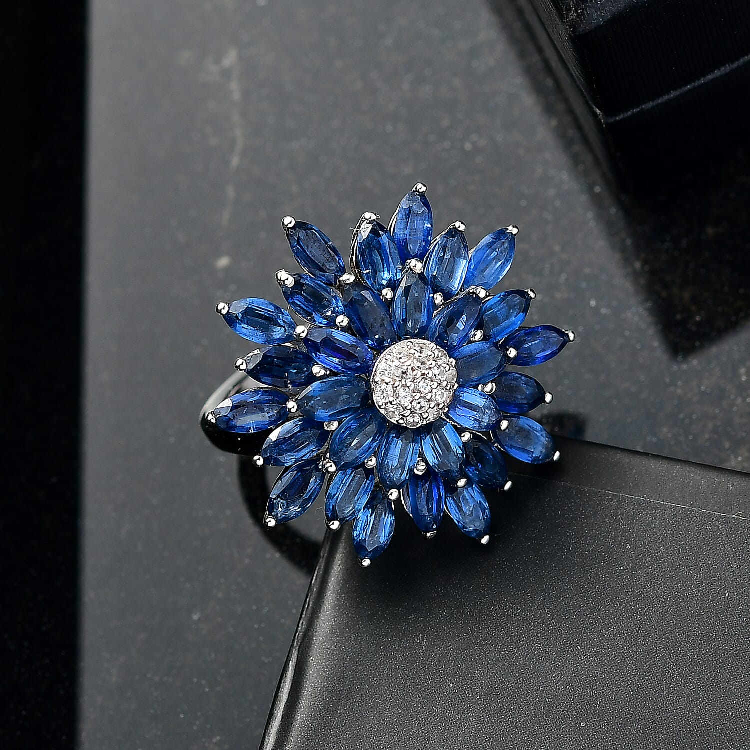 D'Joy Premium Kashmir Kyanite and White Zircon 7.35 ctw Ring in Rhodium Over Sterling Silver (Size 10.0)