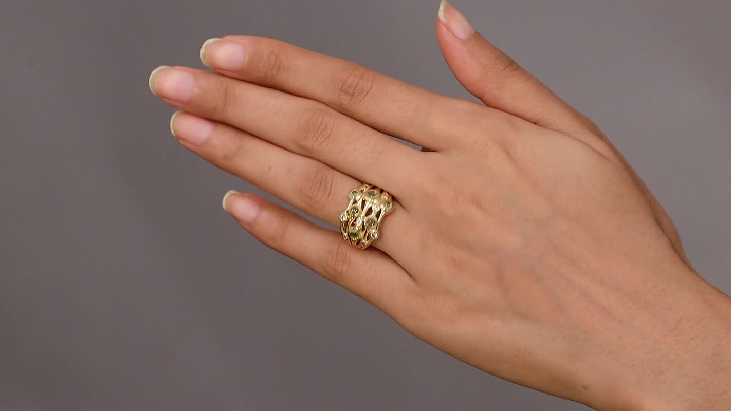 D'Joy Premium Hebei Peridot, White Zircon Ring in 18K YG Plated Sterling Silver (Size 7.0) 1.50 ctw