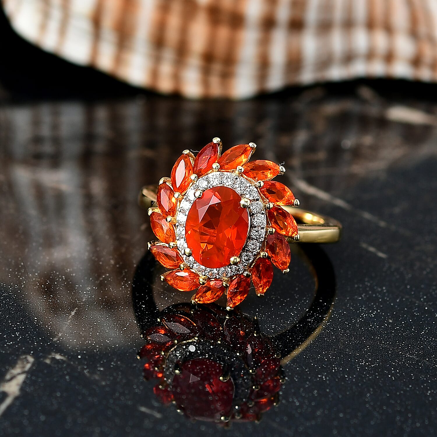 D'Joy AAA Crimson Fire Opal and White Zircon 1.85 ctw Ring in 18K Vermeil Yellow Gold Over Sterling Silver (Size 9.5)