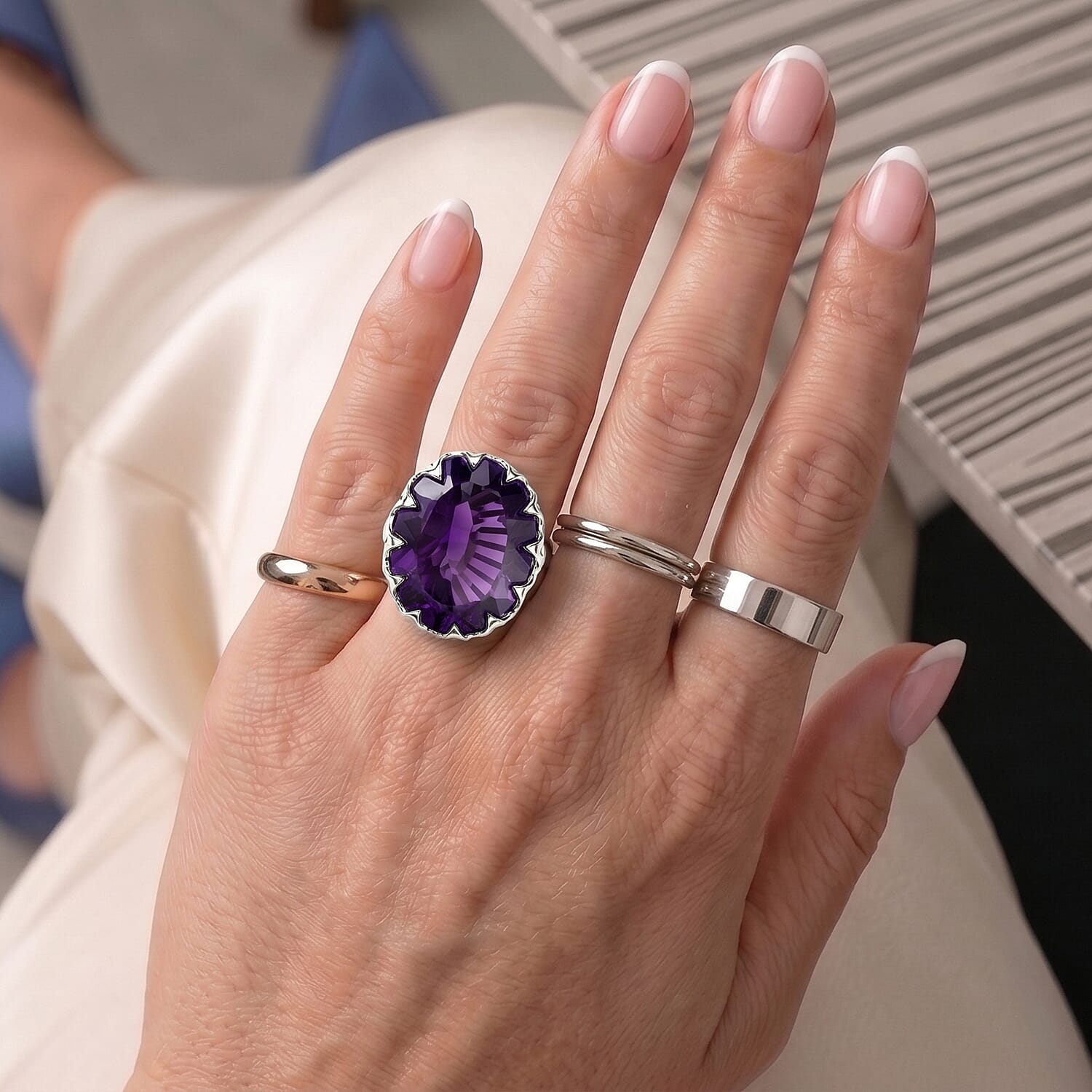 AAA African Amethyst 35.35 ctw Ring in Rhodium Over Sterling Silver (Size 9.5)